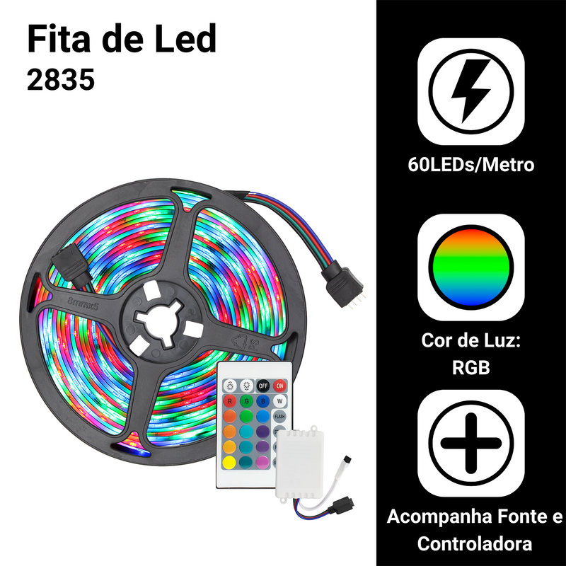 Fita Led RGB Silicone + Controladora e Fonte